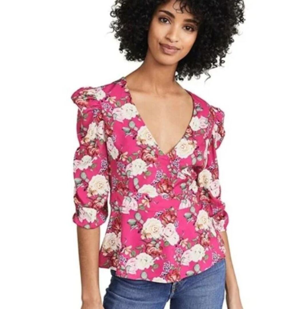 Valencia & Vine Pink White Floral Faux Wrap Puffy Sleeves Top XS